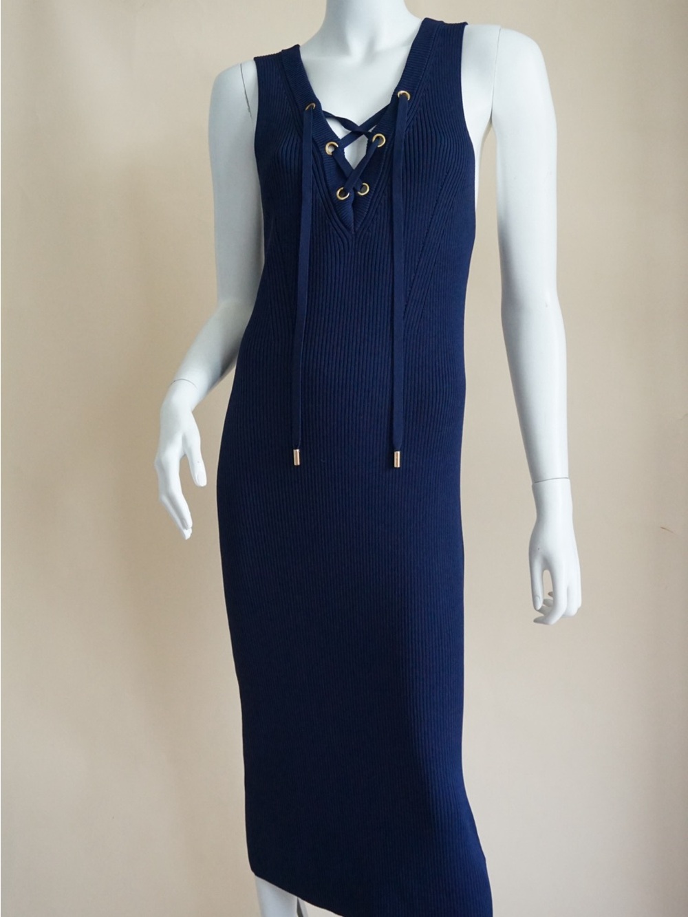 Michael Kors Navy Ribbed Knit Sleeveless Midi Dress - XL